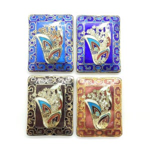 Large Puffed Rectangular Cloisonne Beads with White Flowers, Cobalt, Blue, Brown or Red Cloisonne Beads, 34 x 45mm, Vintage, 1 Bead