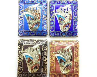 Große gepuffte rechteckige Cloisonne Perlen mit weißen Blumen, Kobalt, blauen, braunen oder roten Cloisonne Perlen, 34 x 45 mm, Vintage, 1 Perle