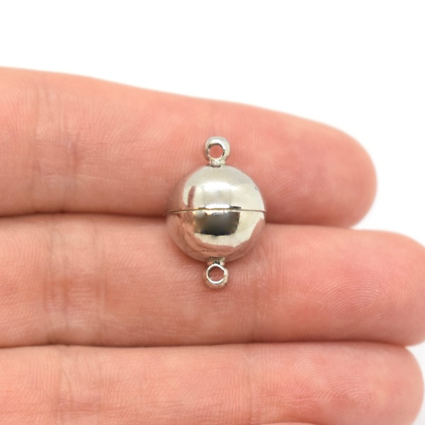 Fermoirs magnétiques billes/boules plaqués rhodium ou argent - 8 mm, 10 mm, 12 mm (5 pcs) Apprêts métalliques de couleur argentée pour la fabrication de bijoux