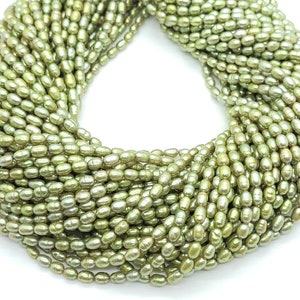 Lime Green Peacock Freshwater Rice Pearls, 4mmx6mm, Green Iridescent Oval Pearls,Genuine Freshwater Pearls for Jewelry Making,16-inch Strand