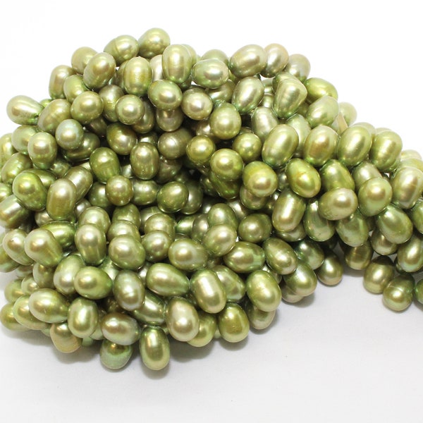 Freshwater Pearls - Herringbone Drilled Rice - Green 8x6mm (105 pcs/strand),Jewelry Making, Fresh Water Pearls for Bracelets and Necklaces