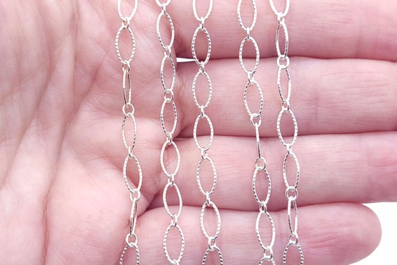 Sterling Silver Textured Long W/ Ring Oval Cable Link Chain 5mmx 8mm and  7mmx11mm, Silver Chain for Jewelry Making, for Necklace, Bracelet 