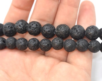 Lava Big Hole Beads(Waxed,Natural) A Grade,Round Beads-Black (10mm) Black Lava Beads for Jewelry Making,Beads For essential Oils, 8"strand