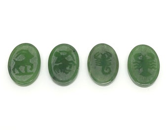 Nefrietjade (naturel) vintage zodiac plaksteen ovale cabochons, 13 mm x 18 mm x 4 mm platte jade cab, boogschutter, schorpioen, kreeft, 1 stuk