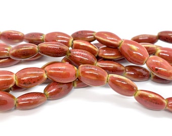 Red Glazed Porcelain Beads Seed Shaped 12x18mm(24 Beads)Large Vintage Ceramic Beads,Red Flat Oval Beads for Jewelry Making,Beads For Macrame