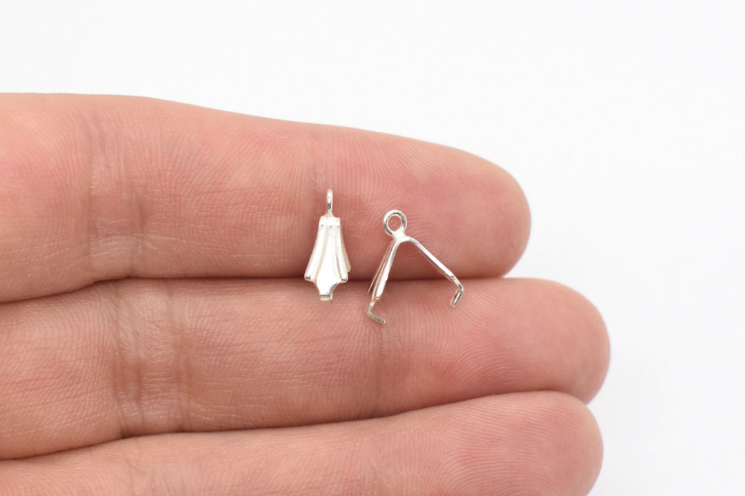 Sterling Silver Pinch Bails 4x10mm, 4 Pcs, Silver Findings, Prong Bails