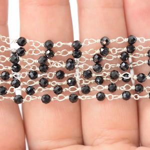 Black Spinel and Sterling Silver Gemstone Chain for Jewelry Making, Black Gemstone Beads on Silver Chain, Wholesale Chain & Jewelry Supplies