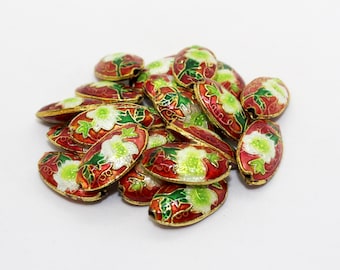 Cloisonne Emaille Oval Blumen Perlen für Schmuckherstellung 10 x 18 mm (11 Stück / Einheit) Vintage Cloisonne Perlen, Rot, Metallperlen, Blumenperlen, CL-17