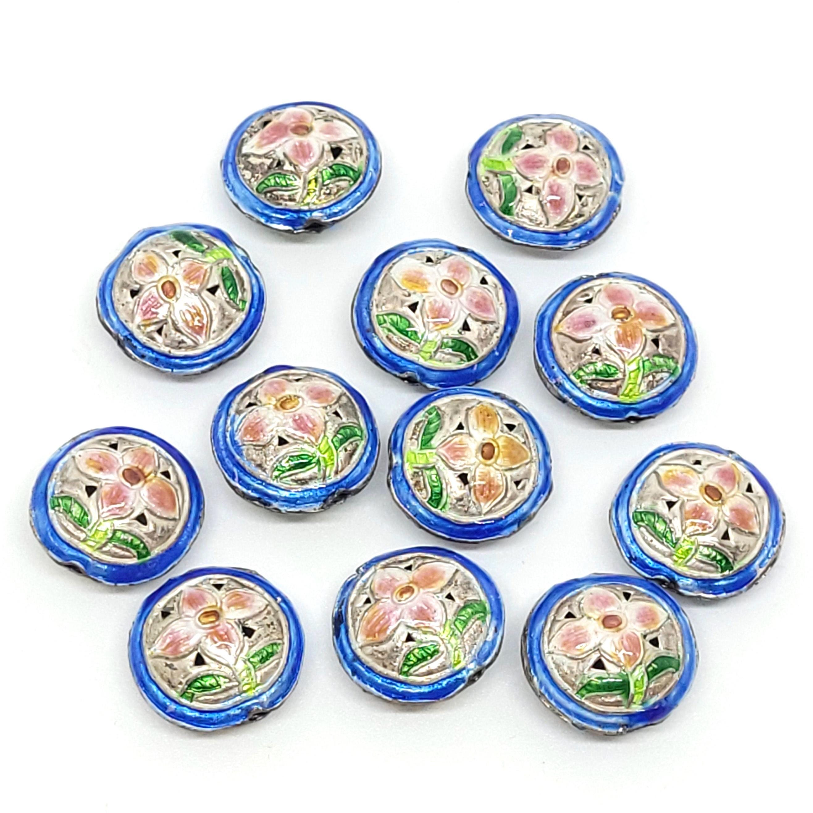 ブルー & シルバー 七宝焼き コイン型ビーズ カラフルな花柄のアクセント付き、8 x 16 mm、ヴィンテージ 七宝焼き メタル エナメル  ビーズ、ヴィンテージ、CL-69 - Etsy 日本
