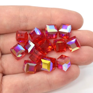 Light Siam AB 5601 Swarovski Crystal Cube Beads (6mm 8mm) Bright Red Rainbow Crystal Square Beads, Wholesale Swarovski Crystal