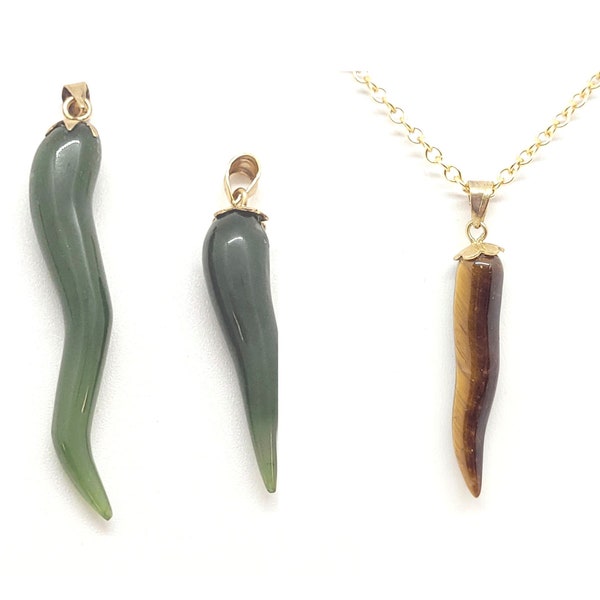 Vintage Nephrite/Canadian Jade(Natural) or Tiger's Eye( Natural)Italian Horn Pendants with Bail,Gemstone Italian Horn Pendants Necklace,1 Pc