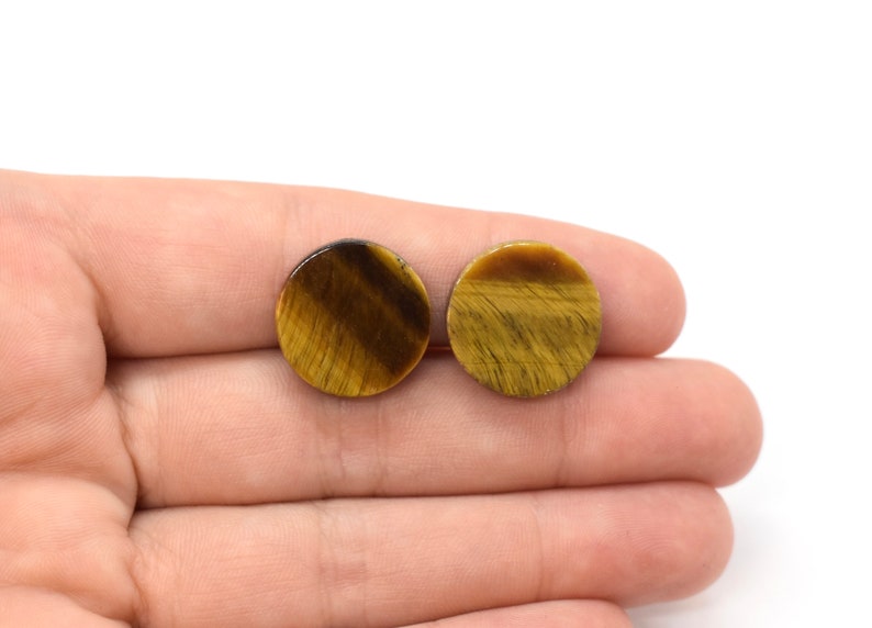 May include: Two round tiger's eye cabochons, one brown and gold, the other gold and brown, with a subtle shimmer.