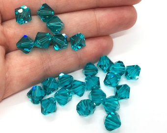 Blue Zircon Swarovski Crystal Bicone Beads 5301/5328 4mm Teal Blue, Crystal Beads for Necklaces, Bright Swarovski Bicones