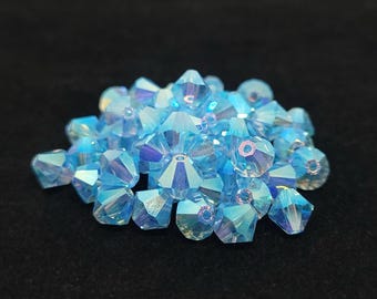 2 cuentas bicono de cristal checo Preciosa Aquamarine AB, 4 mm, 6 mm. Auténticas cuentas pequeñas de cristal Preciosa compatibles con Swarovski 5301/5328.