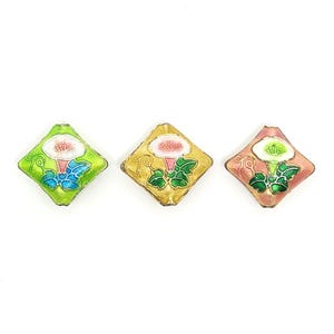 Cloisonne Diamond Shaped Beads with Morning Glory Flower Design, 21x19mm Vintage Enamel Cloisonne Beads, Pink, or Yellow, 12 pcs
