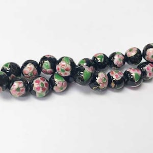 Black Porcelain Floral Beads With Gold Accents Round - 10mm,40 pcs,Floral Porcelain Round, Vintage Beads, Boho Design,Jewelry Supplies