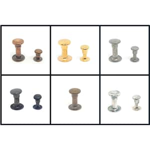 Könnte beinhalten: Sortiment aus Metallnieten in verschiedenen Ausführungen, darunter Antikmessing, Gold, Silber, Schwarz und Nickel. Die Nieten sind in zwei Größen erhältlich, wobei die größeren Nieten einen runden Kopf und einen zylindrischen Schaft haben. Die kleineren Nieten haben einen kleineren runden Kopf und einen kürzeren Schaft.