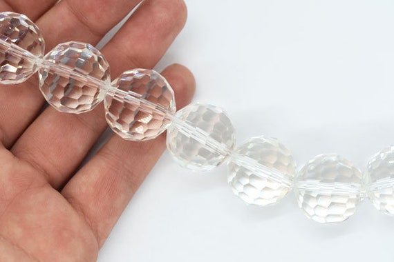 Clear Disco Cut Faceted Round Chinese Crystal Glass Beads - 20mm, 18  beads/strand - Large Crystal Glass Beads for Jewelry Making, Bulk Beads