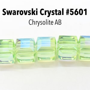 Chrysolite AB 5601 - Green Rainbow Swarovski Crystal Cube Beads to Make Jewelry With (4mm, 6mm, 8mm) Green Square Crystal Beads, Wholesale