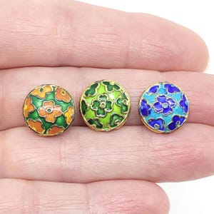 Floral Coin Cloisonne Beads, 13x5mm (14 Pcs) Vintage Enamel Flower Beads, Blue, Green & Orange, Jewelry Supplies,CL-54,55,56
