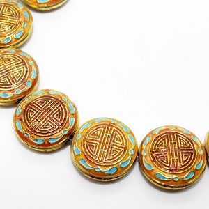 Cloisonne "Long Life" Beads - Orange with Turquoise Puffed Coin Beads for Jewelry Making 21x21x9mm (10 pcs) Large Round Enamel Beads,CL-72