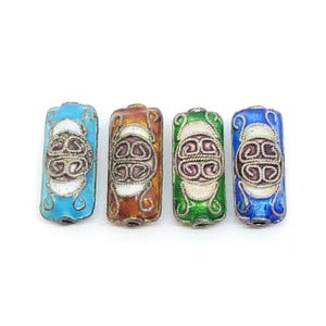Cloisonne Flat Tube Beads with 'Long Life' Symbol 8x18mm (11 Pcs) Vintage Aqua Blue, Blue, Green, Red Enamel Beads, CL-126,127,128,129