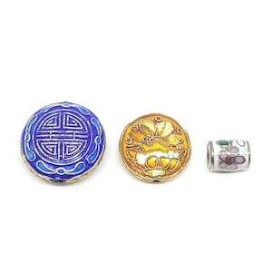 Cuentas de cloisonné vintage, diseño chino &quot;Larga vida&quot;, mariposa o floral, cuentas de cloisonné con forma de moneda, cuentas de cloisonné tubulares, 10 u 11 piezas