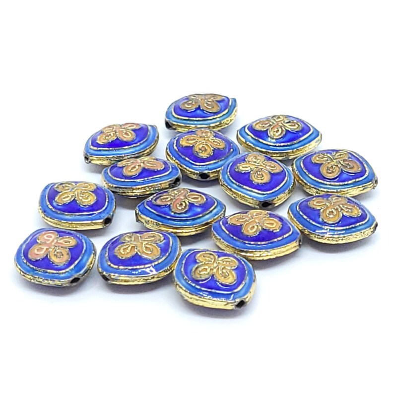 Cloisonné Quatrefoil Rounded Diamond Beads - Cobalt Blue, Aqua Blue & Green Vintage Enamel Beads with Gold Accents,CL-28,29,30 Cobalt Blue
