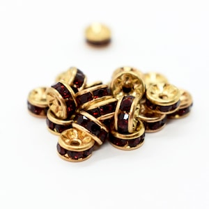 Gold Plated Brass / Siam Swarovski Crystal Pave Rondelle Spacer Bead - 5mm (12 pcs),Rondelle Gold/Red, Dark Red Rhinestone Pave Spacers
