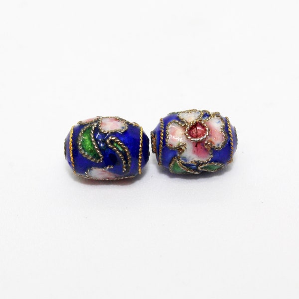 Perles de baril cloisonné, bleu cobalt et vert avec des fleurs 9x7mm (20 pcs) perles d'émail coloré, perles de baril en métal, CL186