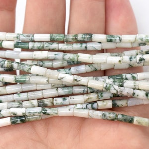 Tree Agate (Natural) A Grade Gemstone Tube Beads for Jewelry Making 3x5mm Tube, Green & White Gemstone Tube Beads, Bulk Gemstone Beads