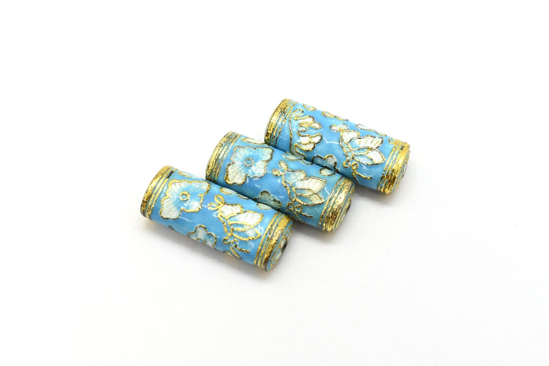 Cloisonne Tube Beads With Flowers and Butterflies Aqua Etsy