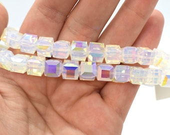 White Opal AB 5601 Swarovski Crystal Cube Beads (6mm,8mm) White Rainbow Crystal Beads, Snow White Rainbow Color