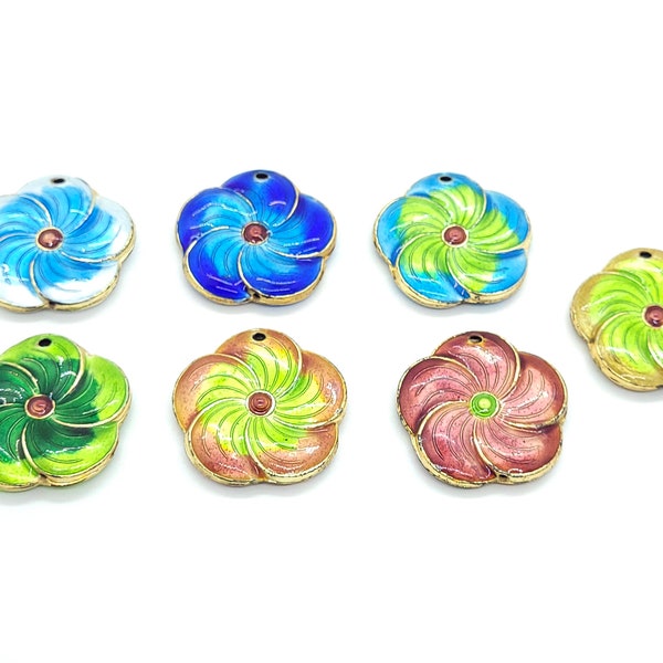 Multi-Color Cloisonne Flower Shaped Pendant, 32mm Flower Cloisonne Pendants, 6 Pieces Per Package, Pendants for Jewelry Making,CL-136-142