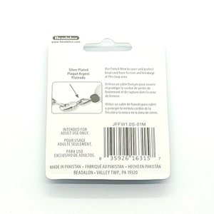 May include: Silver plated French wire for beading, intended for adult use only. The wire is designed to protect bead cords from friction and breakage at the clasp area. Made in Pakistan. JFFW1.0S-01M.