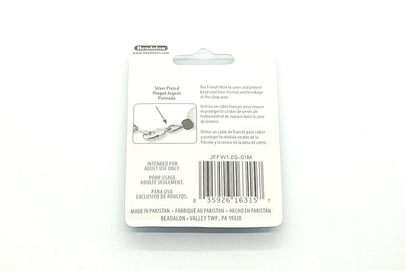 May include: Silver plated French wire for beading, intended for adult use only. The wire is designed to protect bead cords from friction and breakage at the clasp area. Made in Pakistan. JFFW1.0S-01M.