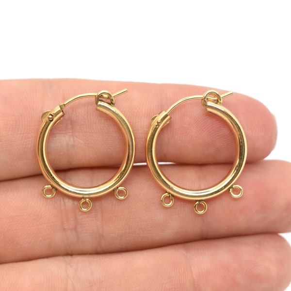 Beadable 14k GF Gold 18mm Hoop with 3 Loops Earring Drops Earrings Bead Findings,14k Gold Filled Hoop Earrings with Rings, 3 Rings - 2 Pcs