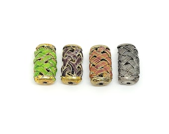 Enamel Lattice Flat Tube Beads,Turquoise,Red,Burgundy,Lime,Silver,9x19x6mm (10 pcs) Gold & Silver Enamel Metal Vintage Beads EN-12,13,14,15