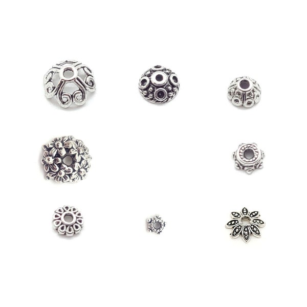 Bead Caps, Pewter, 6mm to 11mm diameter, Pewter Bead Caps for Jewelry Making, Bead Caps with Flowers, Dots, Swirls, Pewter Findings