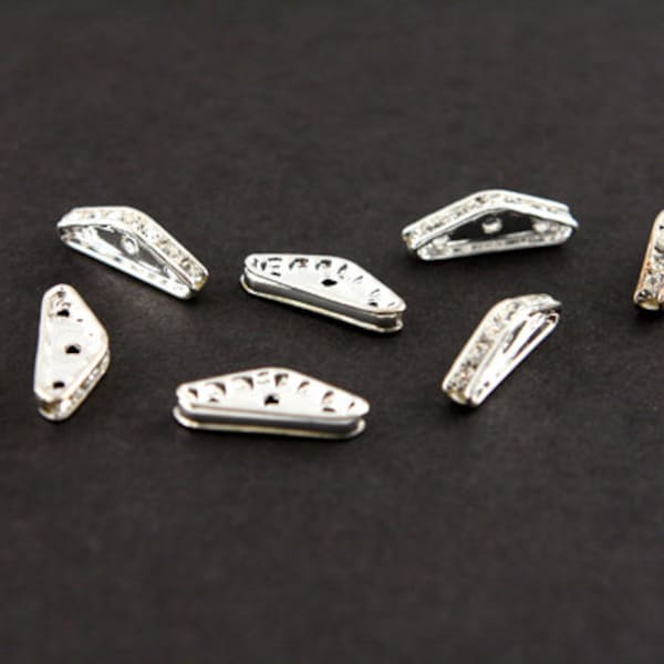 Swarovski Crystal / Rhodium Plated Brass Triangle Rhinestone Three Hole Spacer Beads - Pave Silver Beads for Jewelry Making, Wholesale