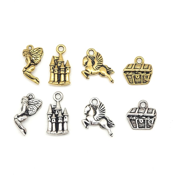 TierraCast Antique Gold or Silver Plated Charms - Leaf Fairy, Castle, Pegasus, or Treasure Chest, Charms for Jewelry Making, 1 piece