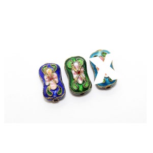 Cloisonné Bone-Shaped Beads with Flowers for Jewelry Making - 10x12x6mm (12 pcs/unit) Cobalt Blue, Green Large Enamel Beads