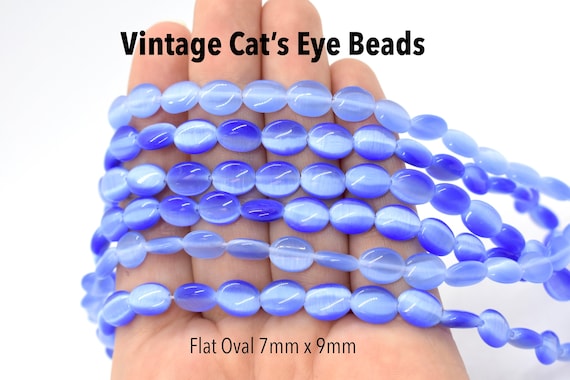 Light Blue Fiber Optic cat's Eye Flat Oval Beads for Jewelry Making 7x9mm  Wholesale Vintage Glass Beads, Bulk Beads & Jewelry Supplies 