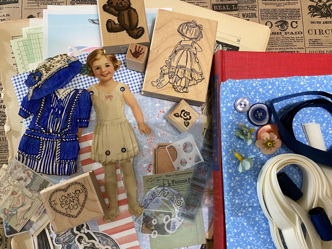 Paper Doll Junk Journal Kit, Junk Journal, Vintage Rubber Stamps, Teddy