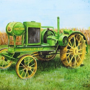 Malarstwo akwarelowe przedstawiające ciągnik John Deere, Waterloo Boy Tractor, sztuka ciągnika, Klasyczne dzieło sztuki ciągnika John Deere, Nostalgiczny ciągnik, Cyfrowy
