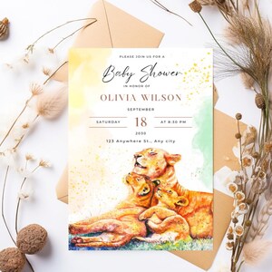 Invitación personalizable para baby shower de leona y cachorros, tarjeta de acuarela con leones bebés, descarga digital editable