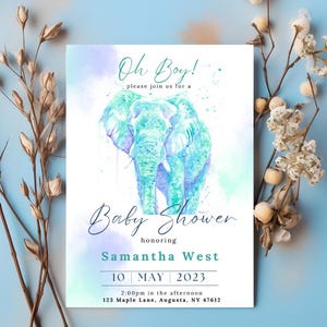 Invito personalizzabile per baby shower a tema elefante acquerello, invito per baby shower a tema elefante blu per bambino, tema giungla, download digitale modificabile