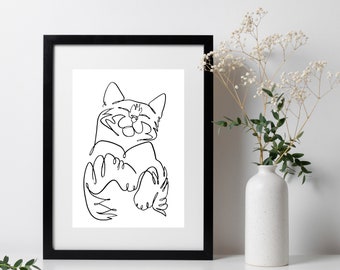 Adorable One Line Drawing of Sleeping Cat, Cute Kitty Curled Up Asleep, Modern Cat Line Art, Fine Art Prints of Different Cat Poses, Digital