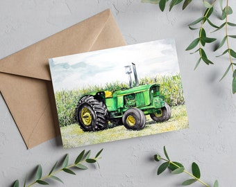 Watercolor Classic John Deere Tractor Card for Dad, Grandpa: Nostalgic Americana Farm Art