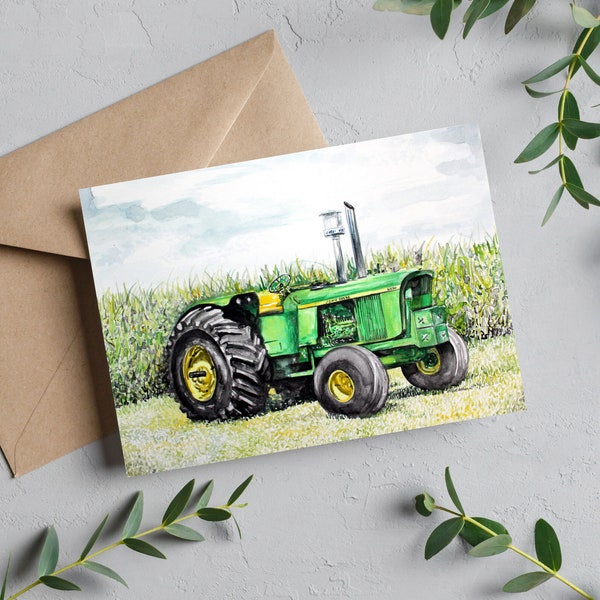 May include: A watercolor painting of a green tractor in a field. The tractor has large wheels and a cab with a windshield. The field is green and there are some trees in the background.